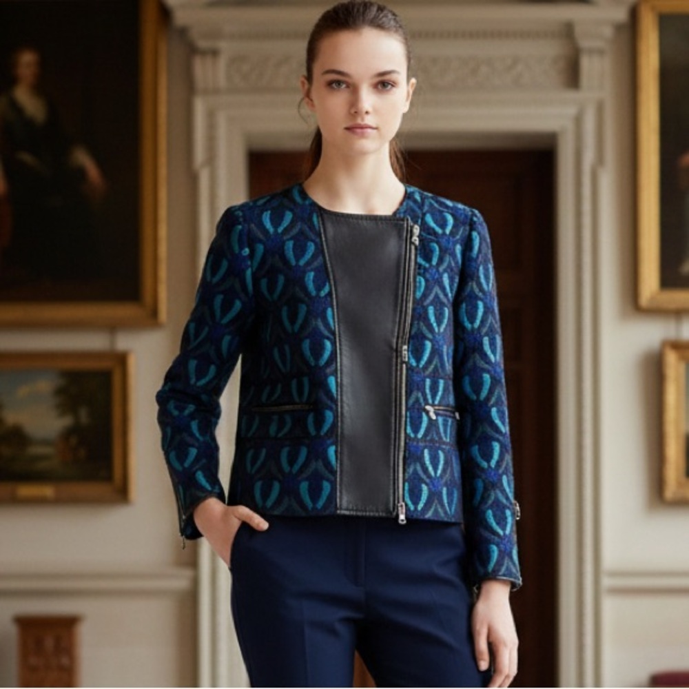 Club Monaco Aubrey Jacquard Moto Jacket W/ Lambskin Panel Women Size 12